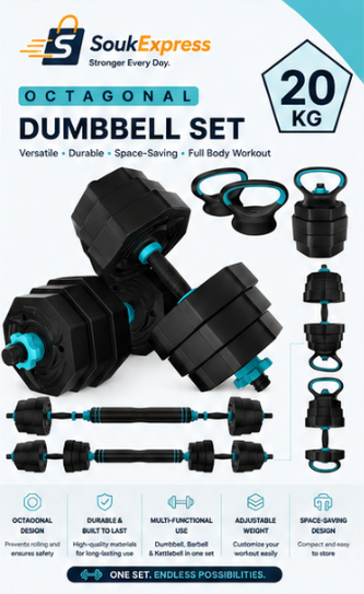 20KG Adjustable Octagonal Dumbbell Set with Connector Bar